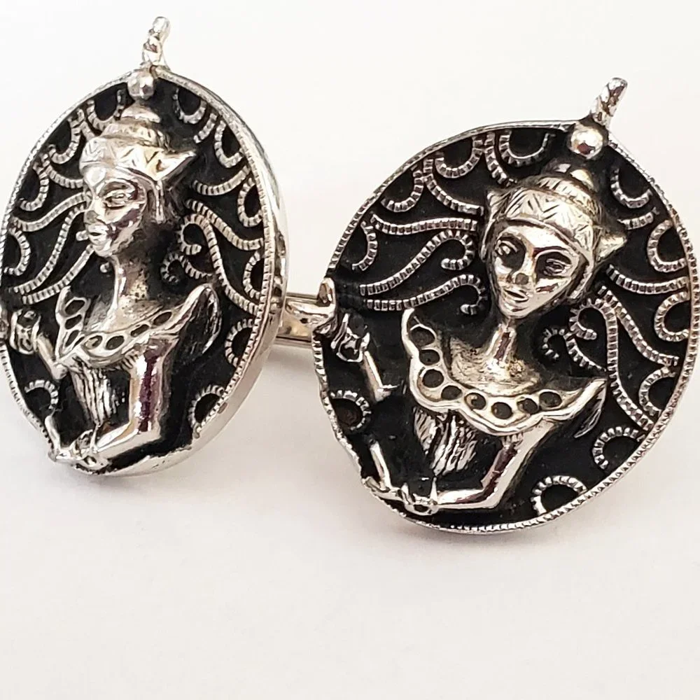 Vintage SWANK Hindu Deity Goddess Asian Cuff Links Large Oval Silver Tone